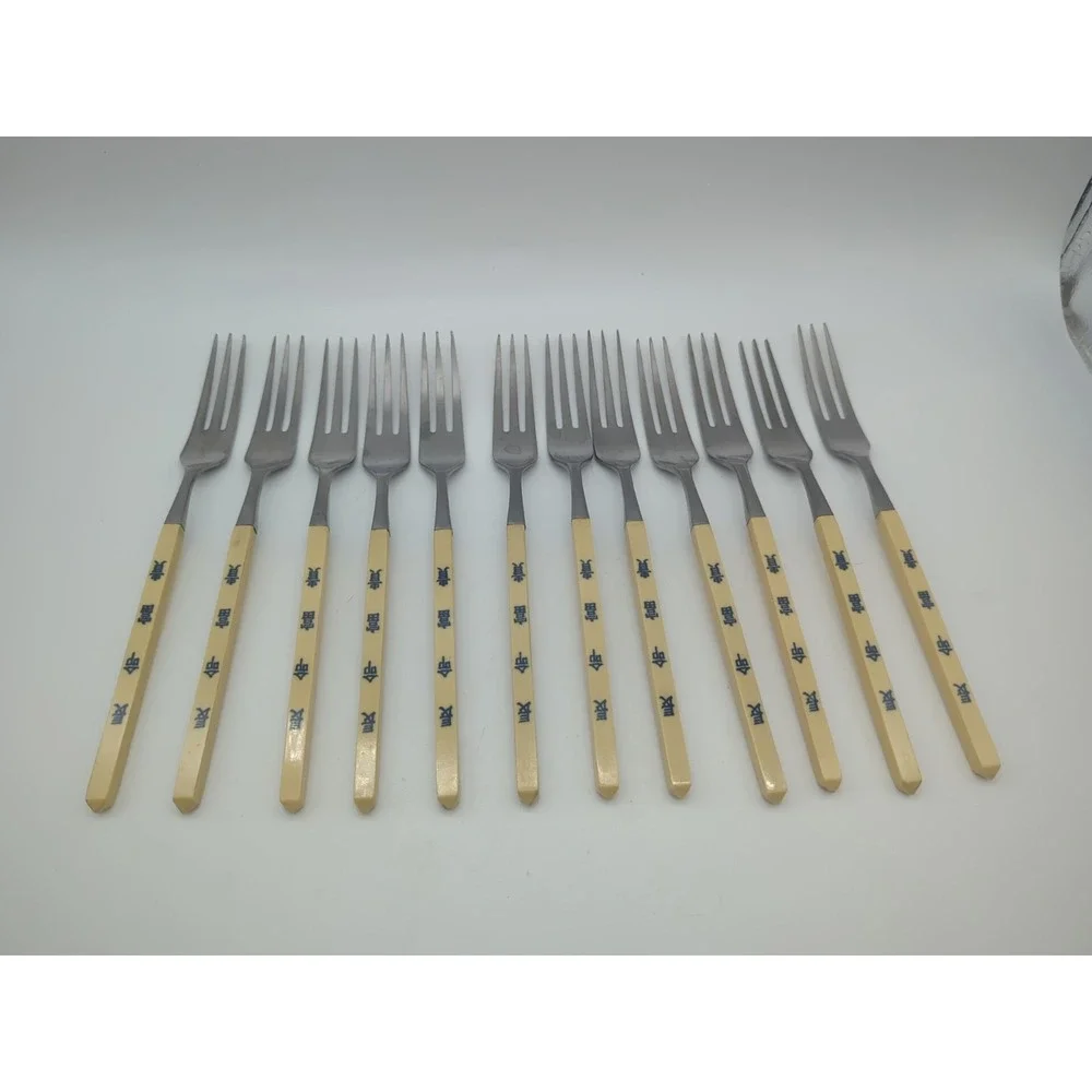 12 Forks Resin Handle Japanese Characters Long Life Riches Stainless Steel